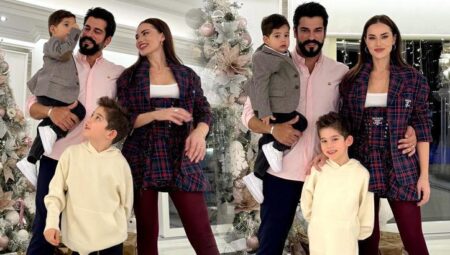 Burak Özçivit ve Fahriye Evcen çiftinden memnun aile pozu